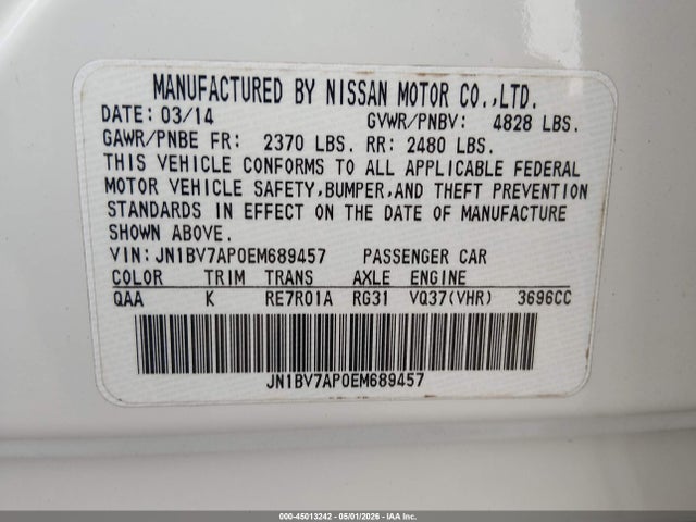 Продажа на аукционе авто 2014 Infiniti Q50, vin: JN1BV7AP0EM689457, номер лота: 45013242