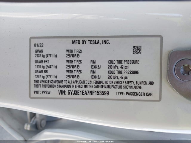 Aukcja sprzedaży 2022 Tesla Model 3 Rear-wheel Drive, vin: 5YJ3E1EA7NF153599, numer aukcji: 45013246