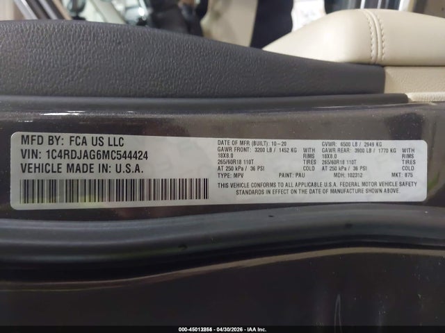 2021 Dodge Durango Sxt Plus Awd მანქანა იყიდება აუქციონზე, vin: 1C4RDJAG6MC544424, აუქციონის ნომერი: 45013254