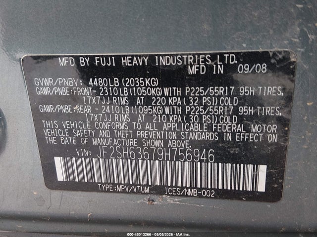 Aukcja sprzedaży 2009 Subaru Forester 2.5x, vin: JF2SH63679H756946, numer aukcji: 45013266