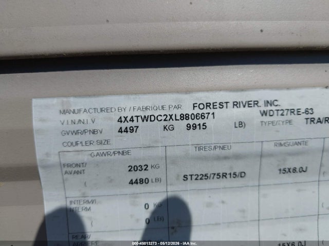 Auction sale of the 2020 Forest River Wildwood 27re Travel Trailer, vin: 4X4TWDC2XL8806671, lot number: 45013273