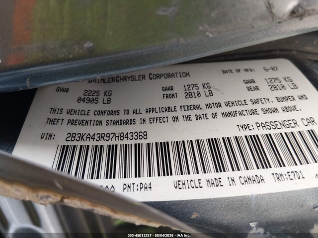 2007 Dodge Charger მანქანა იყიდება აუქციონზე, vin: 2B3KA43R97H843368, აუქციონის ნომერი: 45013287