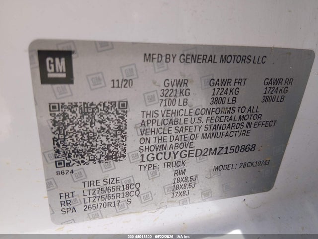 Aukcja sprzedaży 2021 Chevrolet Silverado 1500 4wd  Standard Bed Ltz, vin: 1GCUYGED2MZ150868, numer aukcji: 45013300