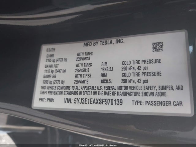 2025 Tesla Model 3 Long Range Rear-wheel Drive/standard Rear-wheel Drive მანქანა იყიდება აუქციონზე, vin: 5YJ3E1EAXSF970139, აუქციონის ნომერი: 45013302