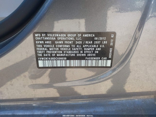 Aukcja sprzedaży 2013 Volkswagen Passat 2.0l Tdi Sel Premium, vin: 1VWCN7A35DC036039, numer aukcji: 45013303
