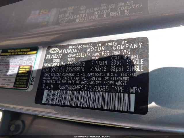 Aukcja sprzedaży 2018 Hyundai Santa Fe Se, vin: KM8SM4HF5JU278685, numer aukcji: 45013352