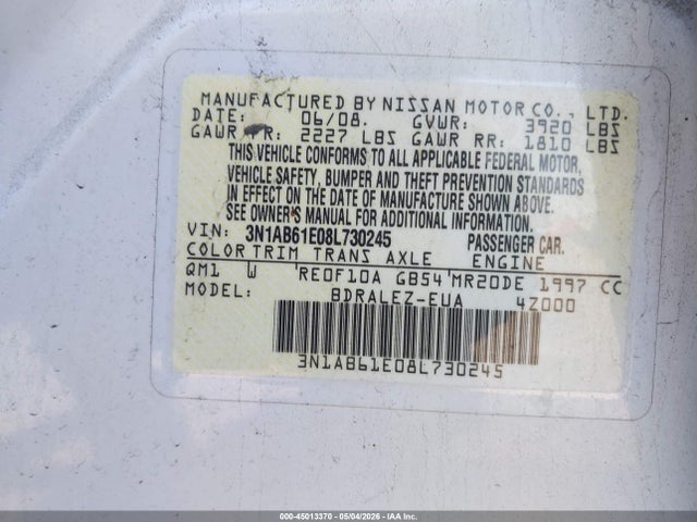 Продаж на аукціоні авто 2008 Nissan Sentra 2.0s, vin: 3N1AB61E08L730245, номер лоту: 45013370