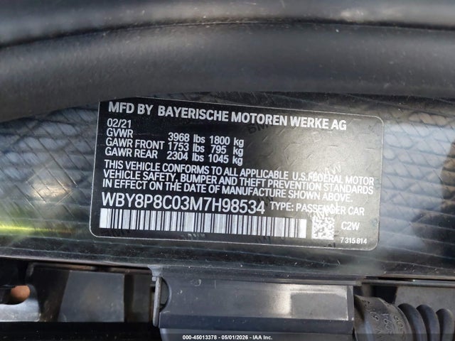 Aukcja sprzedaży 2021 Bmw I3s 120ah W/range Extender, vin: WBY8P8C03M7H98534, numer aukcji: 45013378