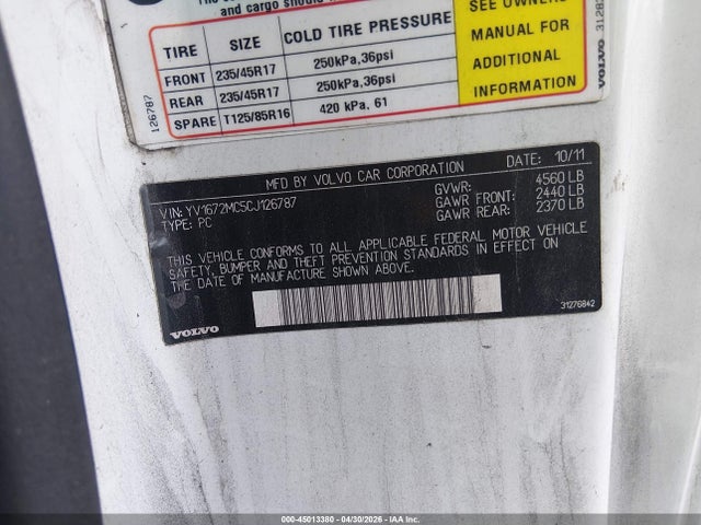 2012 Volvo C70 T5/t5 Platinum/t5 Premier Plus მანქანა იყიდება აუქციონზე, vin: YV1672MC5CJ126787, აუქციონის ნომერი: 45013380