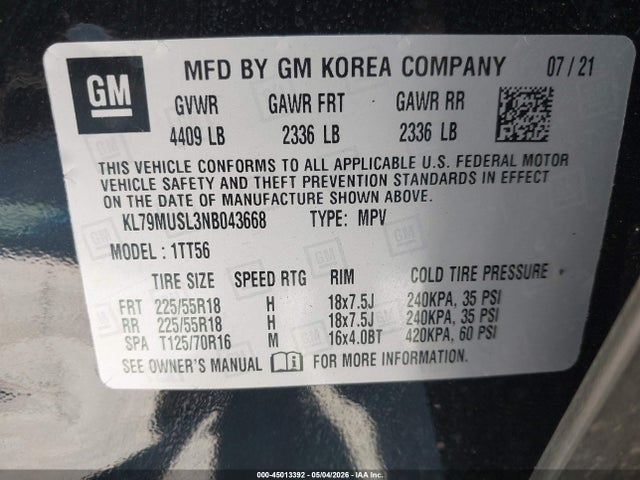 45013392 :رقم المزاد ، KL79MUSL3NB043668 vin ، 2022 Chevrolet Trailblazer Awd Rs مزاد بيع