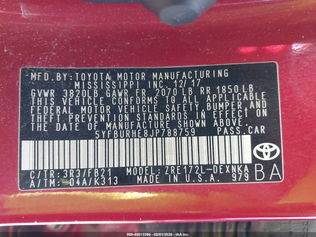 Продаж на аукціоні авто 2018 Toyota Corolla Le, vin: 5YFBURHE8JP788759, номер лоту: 45013394