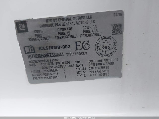 45013396 :رقم المزاد ، 1GTV2MEC8GZ380544 vin ، 2016 Gmc Sierra 1500 Sle مزاد بيع