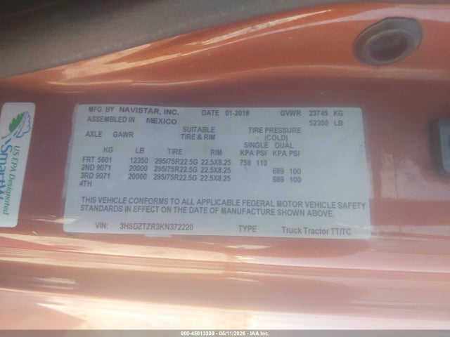 Auction sale of the 2019 International Lt, vin: 3HSDZTZR3KN372220, lot number: 45013399