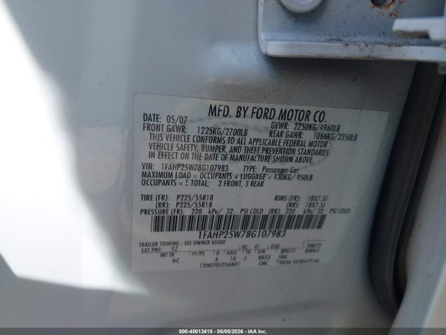 Продажа на аукционе авто 2008 Ford Taurus Limited, vin: 1FAHP25W78G107983, номер лота: 45013415