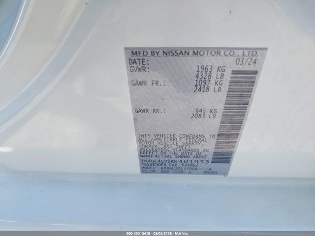2024 Nissan Altima Sl Fwd მანქანა იყიდება აუქციონზე, vin: 1N4BL4EV9RN401953, აუქციონის ნომერი: 45013418