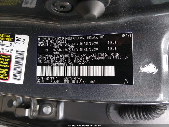 Aukcja sprzedaży 2021 Toyota Highlander Xle, vin: 5TDGZRAH1MS081798, numer aukcji: 45013419