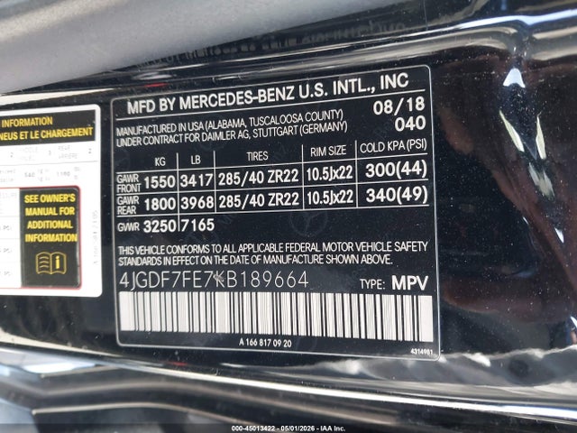 45013422 :رقم المزاد ، 4JGDF7FE7KB189664 vin ، 2019 Mercedes-benz Amg Gls 63 4matic مزاد بيع