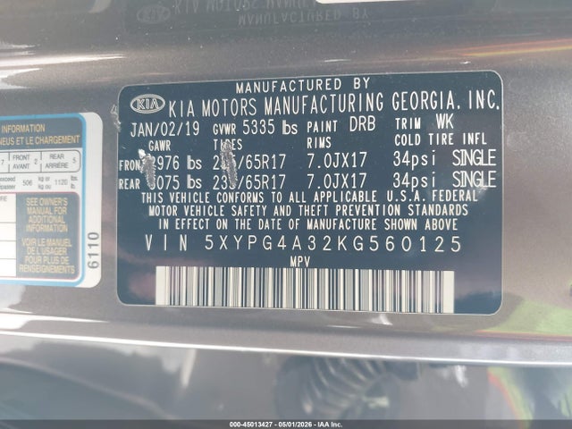 45013427 :رقم المزاد ، 5XYPG4A32KG560125 vin ، 2019 Kia Sorento 2.4l Lx مزاد بيع