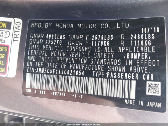 JHMZC5F14JC021654 Honda CLARITY PLUG-IN HYBRID