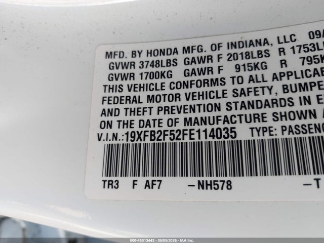 Продажа на аукционе авто 2015 Honda Civic Lx, vin: 19XFB2F52FE114035, номер лота: 45013443