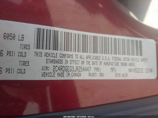 Продаж на аукціоні авто 2018 Dodge Grand Caravan Gt, vin: 2C4RDGEG3JR254447, номер лоту: 45013452