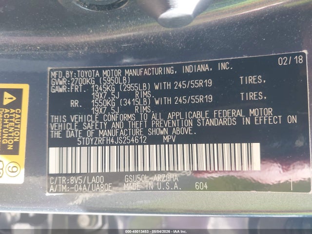 Продажа на аукционе авто 2018 Toyota Highlander Limited, vin: 5TDYZRFH4JS254612, номер лота: 45013453
