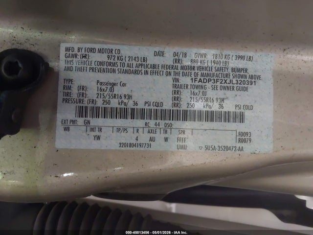 2018 Ford Focus Se მანქანა იყიდება აუქციონზე, vin: 1FADP3F2XJL320391, აუქციონის ნომერი: 45013456