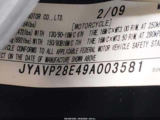 Продажа на аукционе авто 2009 Yamaha Xv1700 A, vin: JYAVP28E49A003581, номер лота: 45013463