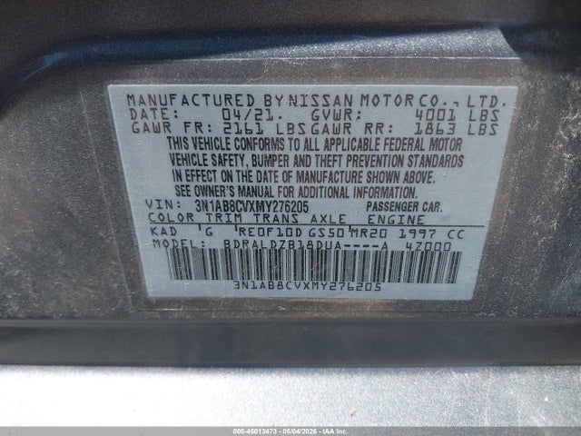 2021 Nissan Sentra Sv Xtronic Cvt მანქანა იყიდება აუქციონზე, vin: 3N1AB8CVXMY276205, აუქციონის ნომერი: 45013473