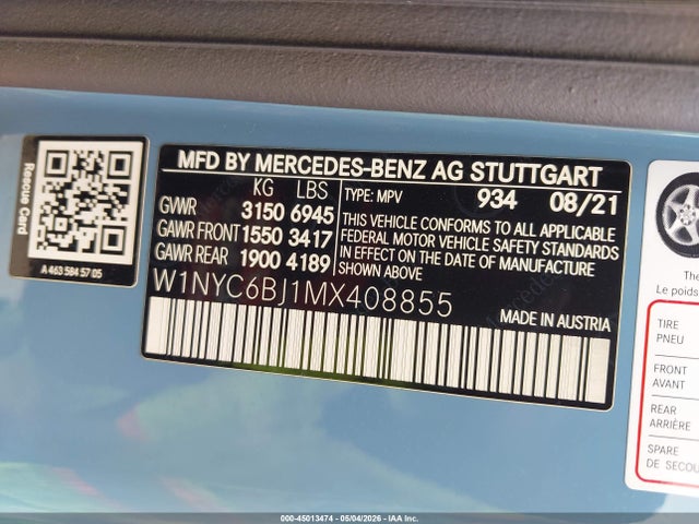 Aukcja sprzedaży 2021 Mercedes-benz G 550 Suv, vin: W1NYC6BJ1MX408855, numer aukcji: 45013474