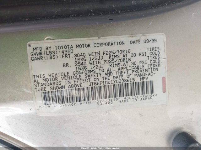 45013494 :رقم المزاد ، JT6HF10U1Y0098615 vin ، 2000 Lexus Rx 300 مزاد بيع