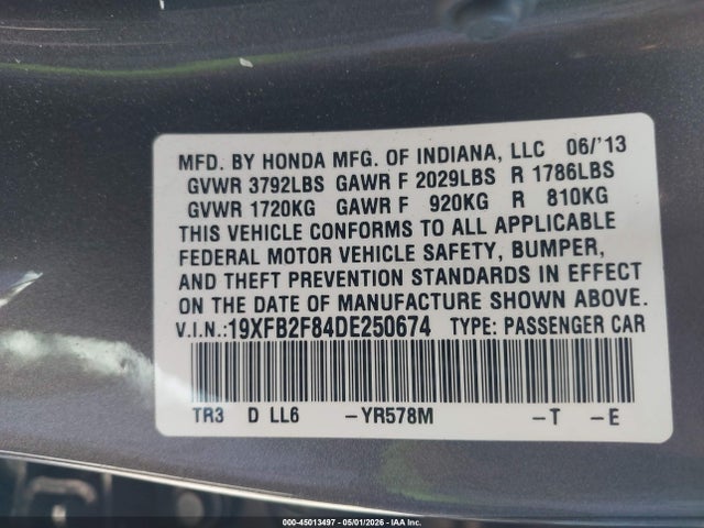 45013497 :رقم المزاد ، 19XFB2F84DE250674 vin ، 2013 Honda Civic Ex مزاد بيع