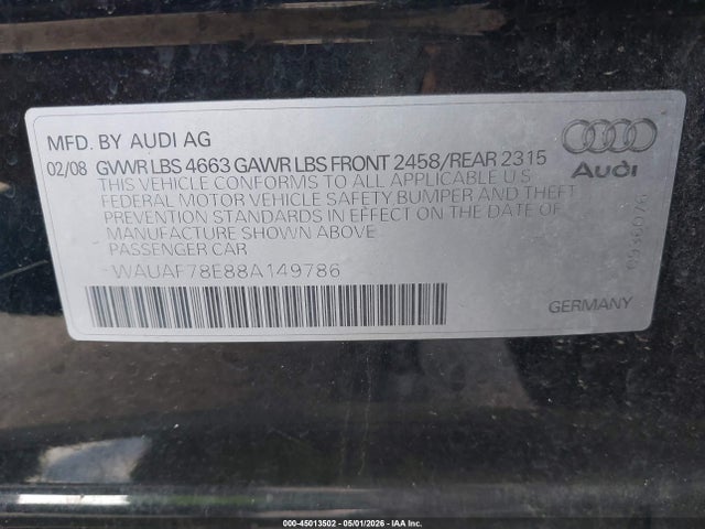45013502 :رقم المزاد ، WAUAF78E88A149786 vin ، 2008 Audi A4 2.0t/2.0t Special Edition مزاد بيع