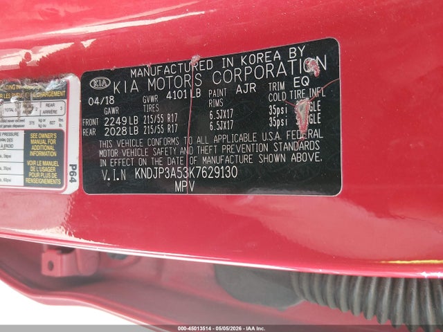 45013514 :رقم المزاد ، KNDJP3A53K7629130 vin ، 2019 Kia Soul + مزاد بيع