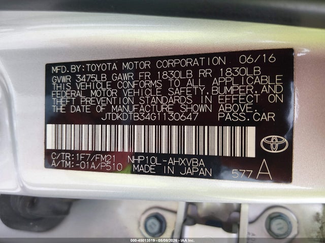 2016 Toyota Prius C Two მანქანა იყიდება აუქციონზე, vin: JTDKDTB34G1130647, აუქციონის ნომერი: 45013519