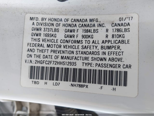 Honda CIVIC EX 2017 2HGFC2F72HH512935 Image 9