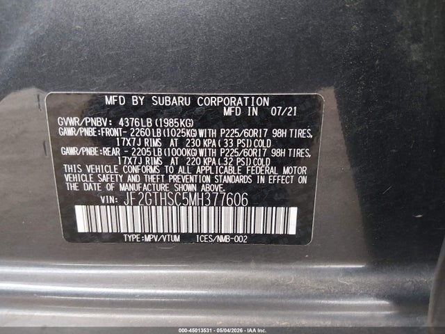 Aukcja sprzedaży 2021 Subaru Crosstrek Sport, vin: JF2GTHSC5MH377606, numer aukcji: 45013531