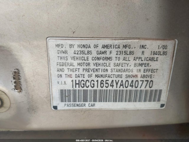 45013537 :رقم المزاد ، 1HGCG1654YA040770 vin ، 2000 Honda Accord 3.0 Ex مزاد بيع