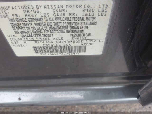 Aukcja sprzedaży 2008 Nissan Sentra 2.0s, vin: 3N1AB61E78L752971, numer aukcji: 45013541