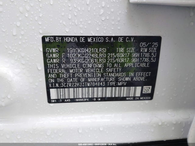 45013551 :رقم المزاد ، 3CZRZ2H33TM704843 vin ، 2026 Honda Hr-v Awd Lx مزاد بيع
