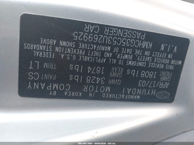 Продаж на аукціоні авто 2003 Hyundai Accent Gl, vin: KMHCG35C53U269925, номер лоту: 45013554
