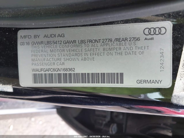 45013567 :رقم المزاد ، WAUFGAFC6GN168362 vin ، 2016 Audi A6 3.0t Premium Plus مزاد بيع