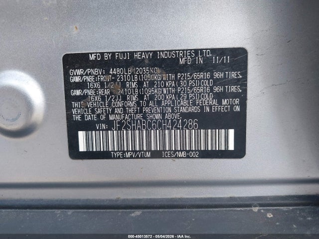 45013572 :رقم المزاد ، JF2SHABC6CH424286 vin ، 2012 Subaru Forester 2.5x مزاد بيع