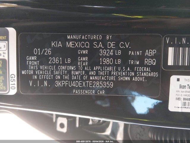 Aukcja sprzedaży 2026 Kia K4 Ex, vin: 3KPFU4DEXTE285359, numer aukcji: 45013576