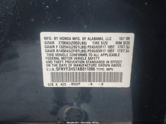 2010 Honda Pilot Ex-l მანქანა იყიდება აუქციონზე, vin: 5FNYF3H57AB011096, აუქციონის ნომერი: 45013577