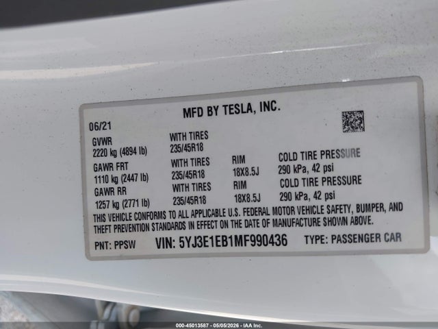 Продажа на аукционе авто 2021 Tesla Model 3 Long Range Dual Motor All-wheel Drive, vin: 5YJ3E1EB1MF990436, номер лота: 45013587