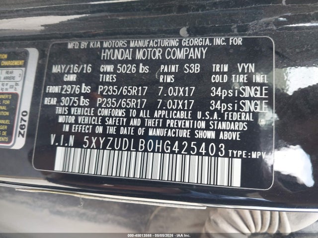 Продажа на аукционе авто 2017 Hyundai Santa Fe Sport 2.4l, vin: 5XYZUDLB0HG425403, номер лота: 45013588