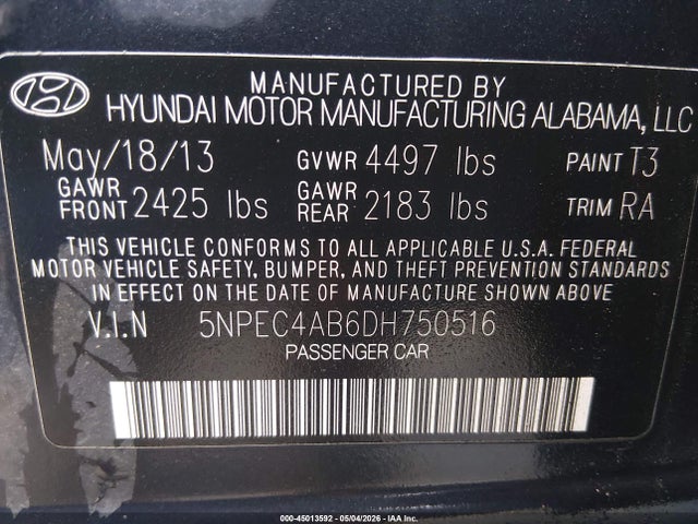 45013592 :رقم المزاد ، 5NPEC4AB6DH750516 vin ، 2013 Hyundai Sonata Se 2.0t مزاد بيع