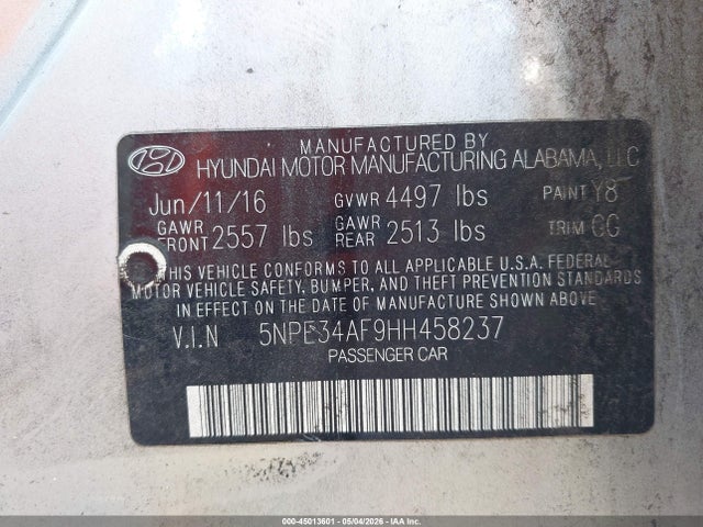 Aukcja sprzedaży 2017 Hyundai Sonata Sport, vin: 5NPE34AF9HH458237, numer aukcji: 45013601