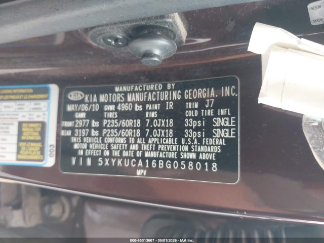 45013607 :رقم المزاد ، 5XYKUCA16BG058018 vin ، 2011 Kia Sorento Ex مزاد بيع